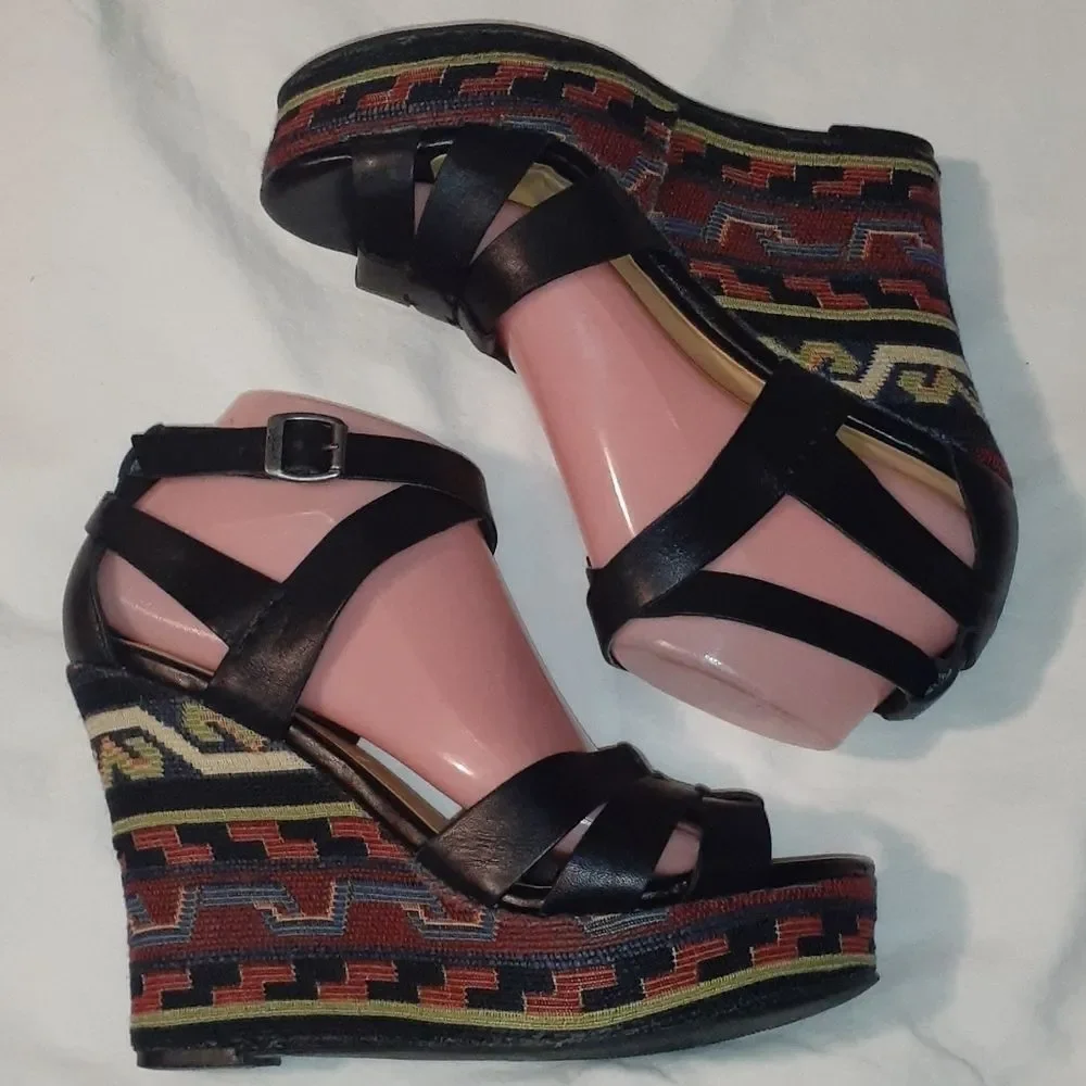 Zodiac Black Leather‎ Southwestern Wedge Heel Shoes